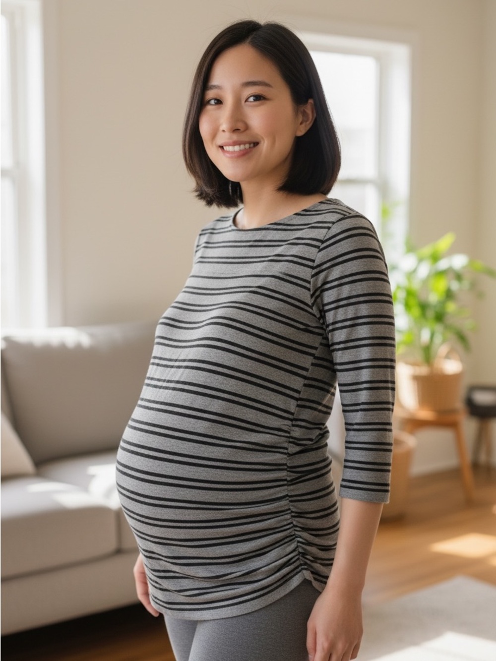 Jessica Simpson Maternity Small Gray & Black Striped Ruched 3/4 Sleeve Top